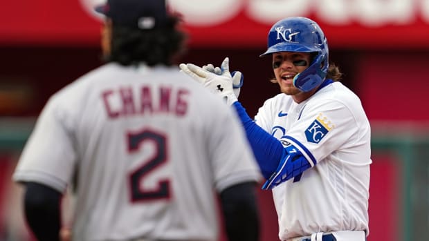 Apr 7, 2022; Kansas City, Missouri, USA; Kansas City Royals third baseman Bobby Witt Jr. (7) celebrates after hitting a go-ahead RBI double during the eighth inning against the Cleveland Guardians at Kauffman Stadium. Mandatory Credit: Jay Biggerstaff-USA TODAY Sports